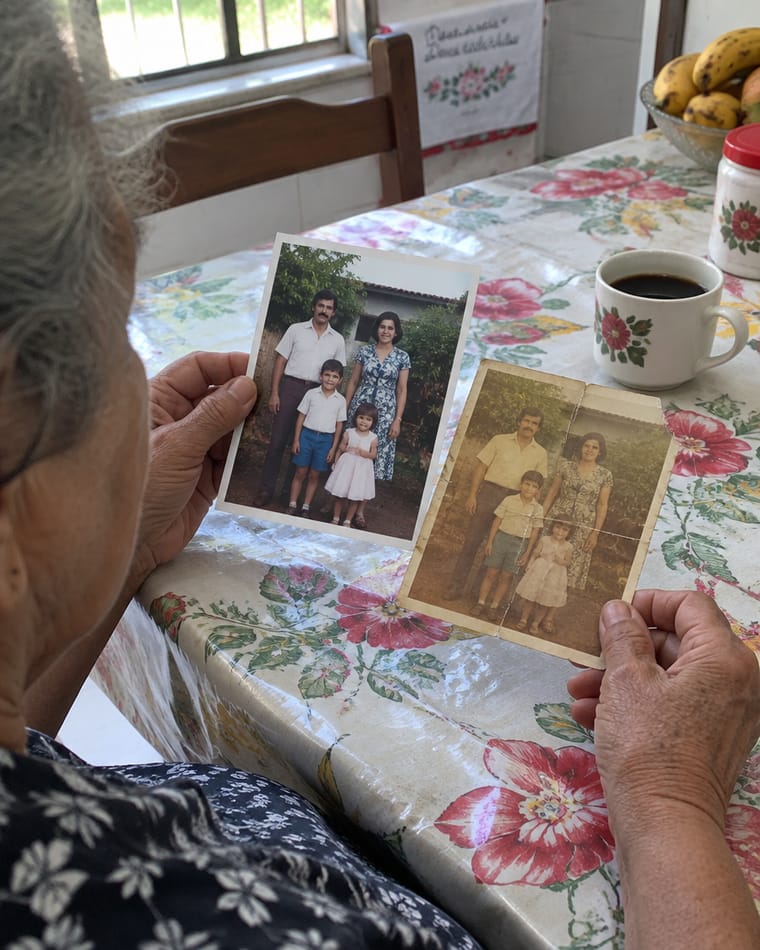 Mãos de uma senhora segurando a foto de família restaurada ao lado da original amarelada e rasgada